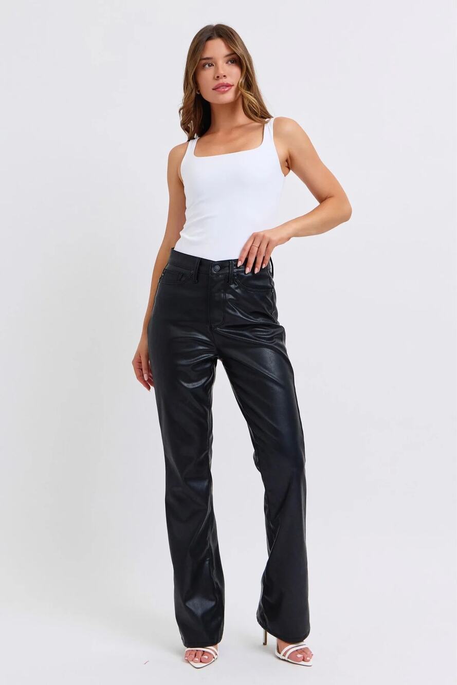 Judy Blue Straight Pants Women's 9/29 Black Faux Leather Tummy Control High Rise